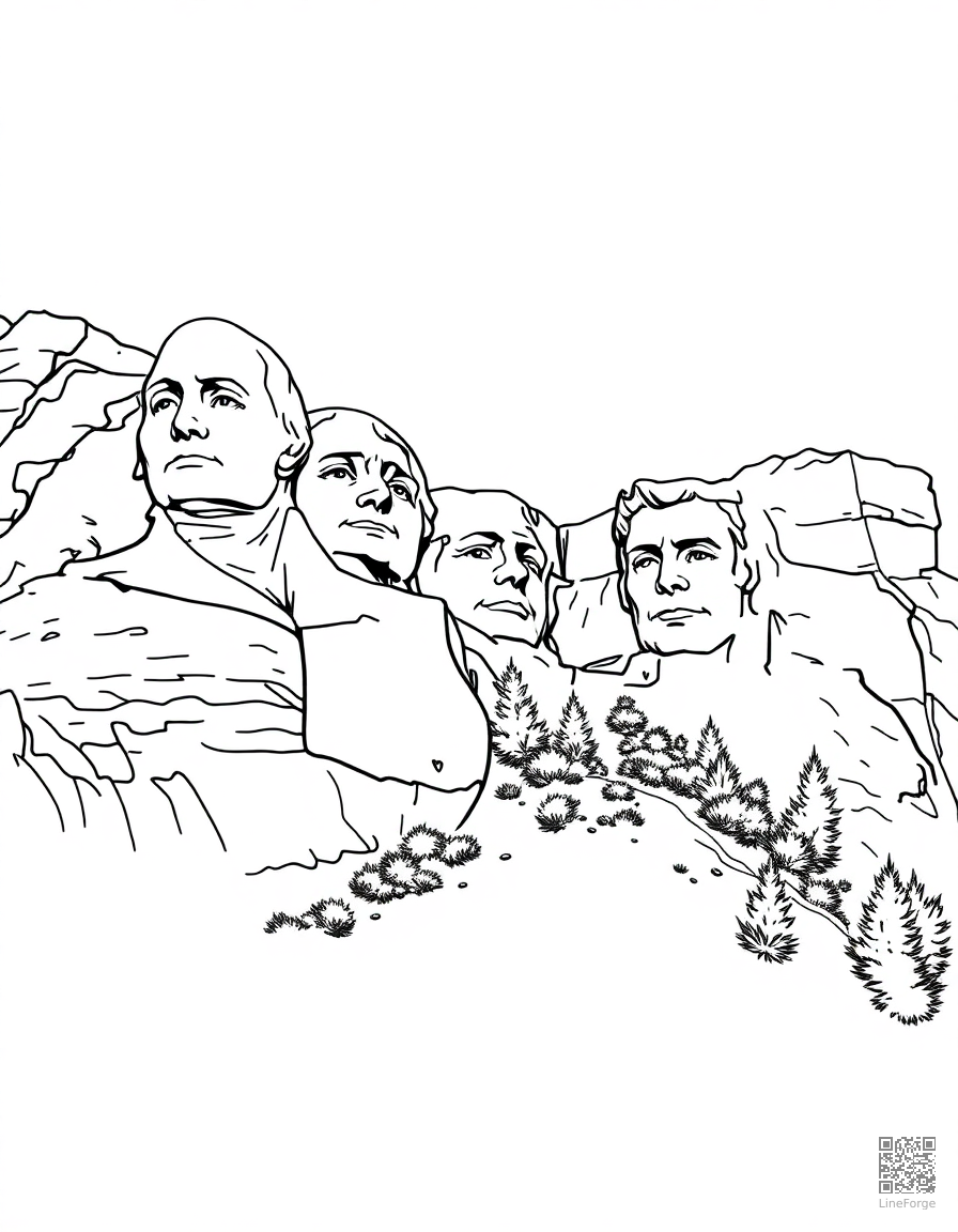 Free mount rushmore with presidents faces coloring page in manga style — printable line art
