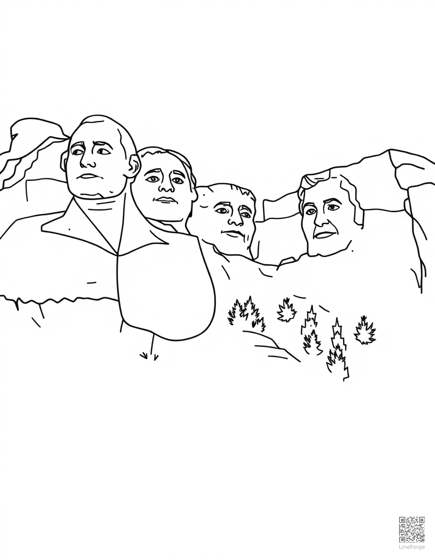 Free mount rushmore with presidents faces coloring page in minimal style — printable line art