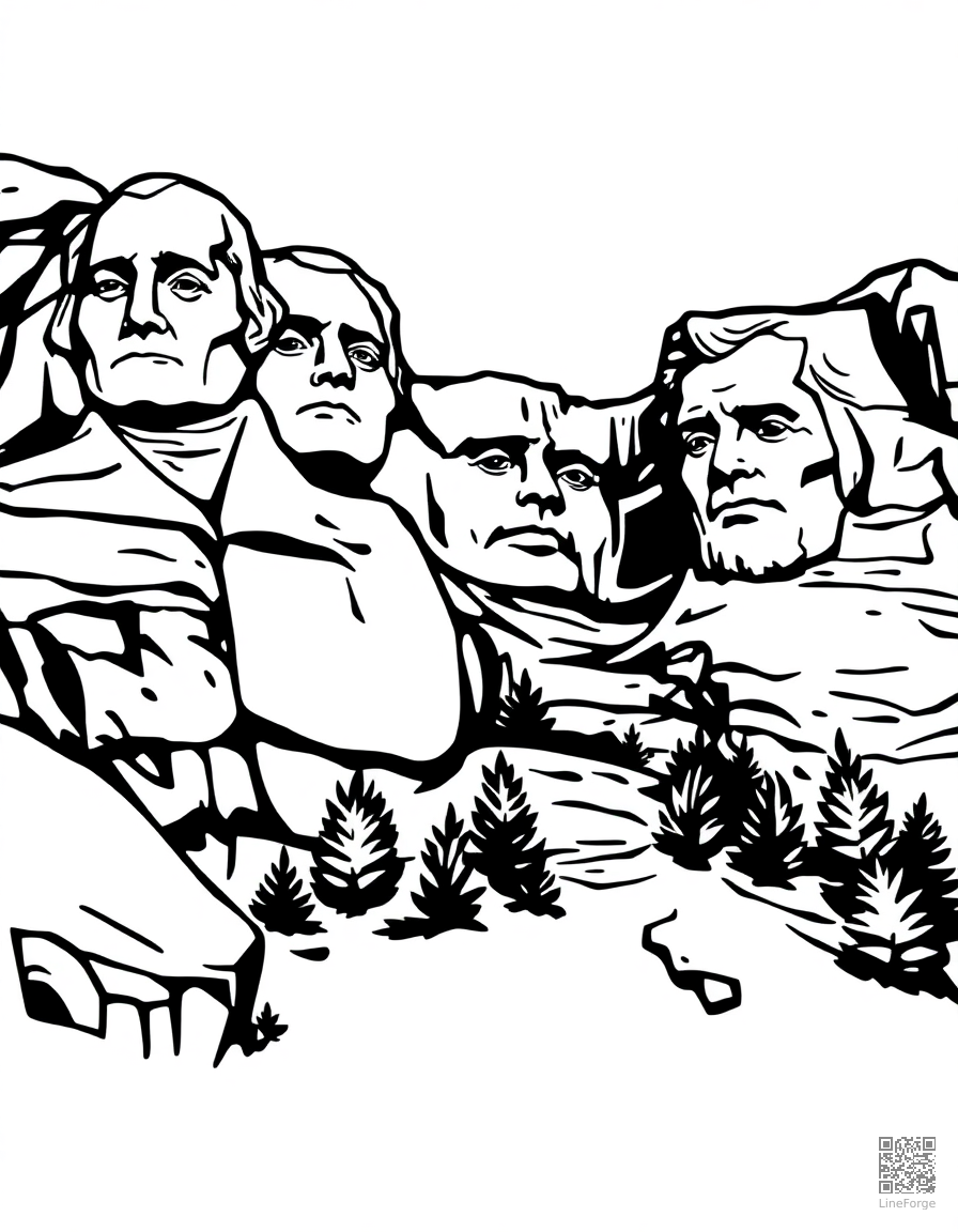 Free mount rushmore with presidents faces coloring page in woodcut style — printable line art