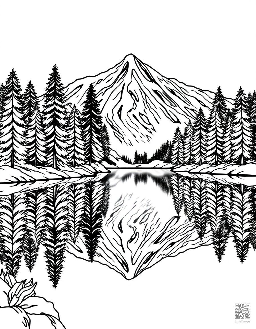 Free mountain lake with pine trees and reflection coloring page in contour style — printable line art
