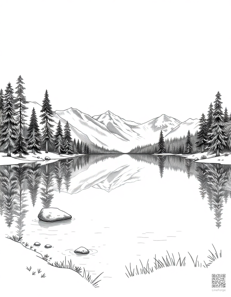 Free mountain lake with pine trees and reflection coloring page in crosshatch style — printable line art