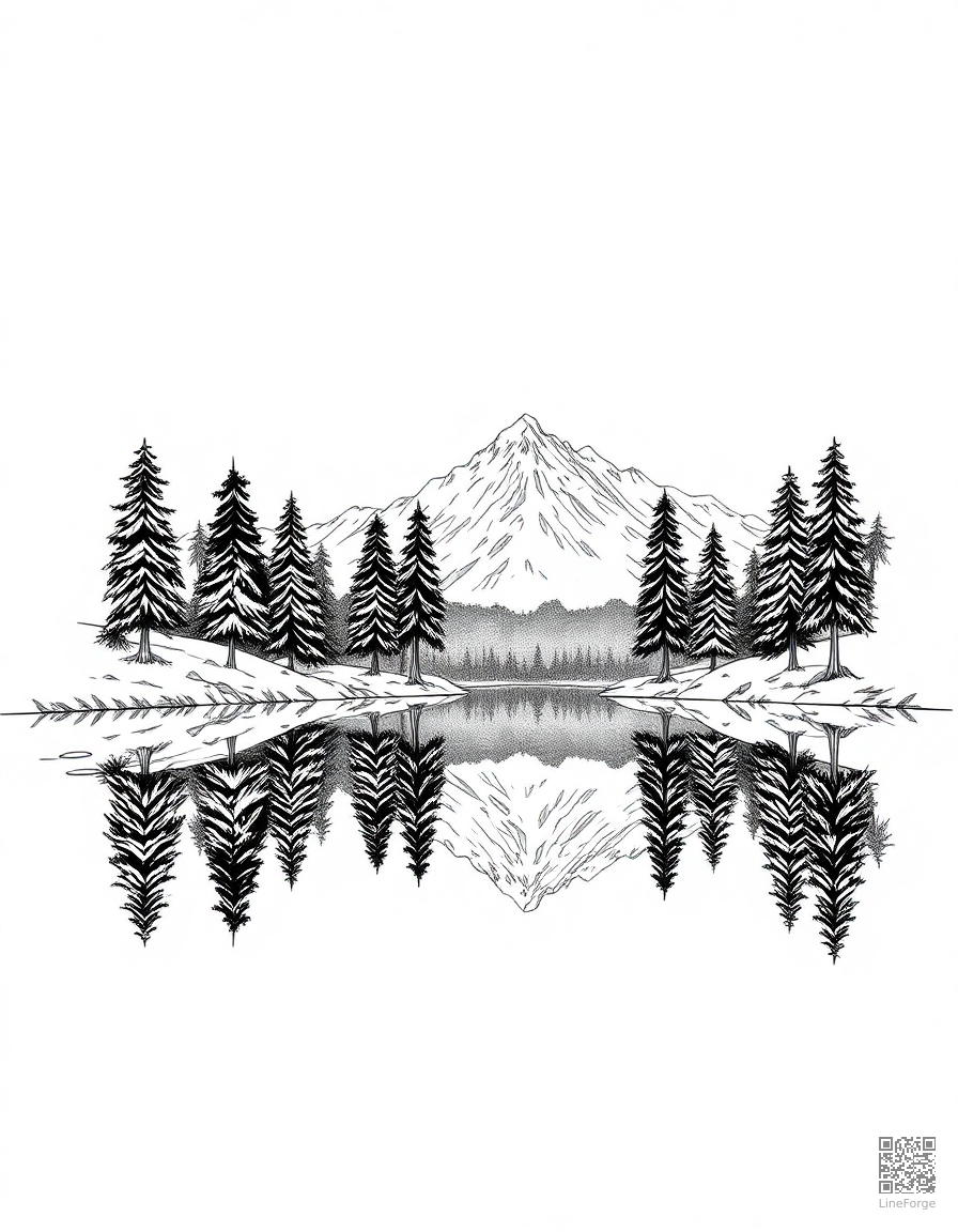 Free mountain lake with pine trees and reflection coloring page in manga style — printable line art