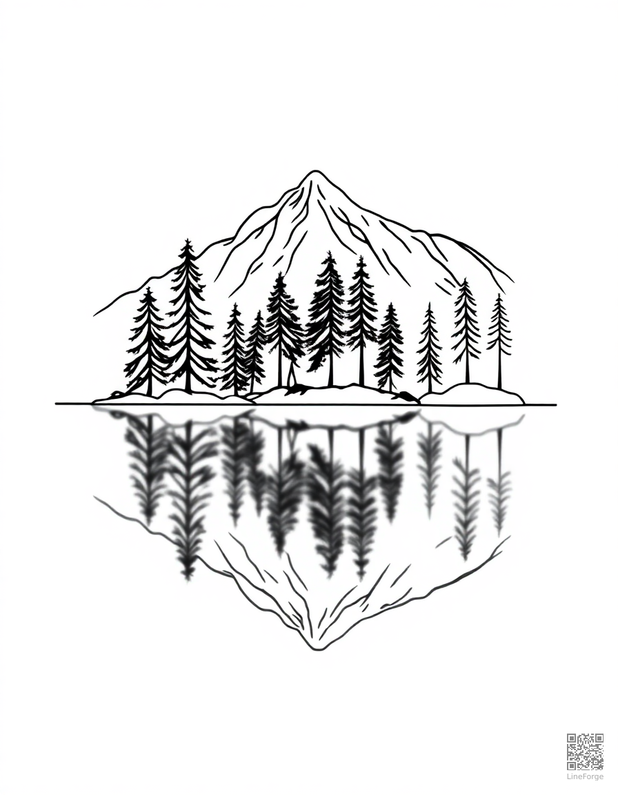 Free mountain lake with pine trees and reflection coloring page in minimal style — printable line art