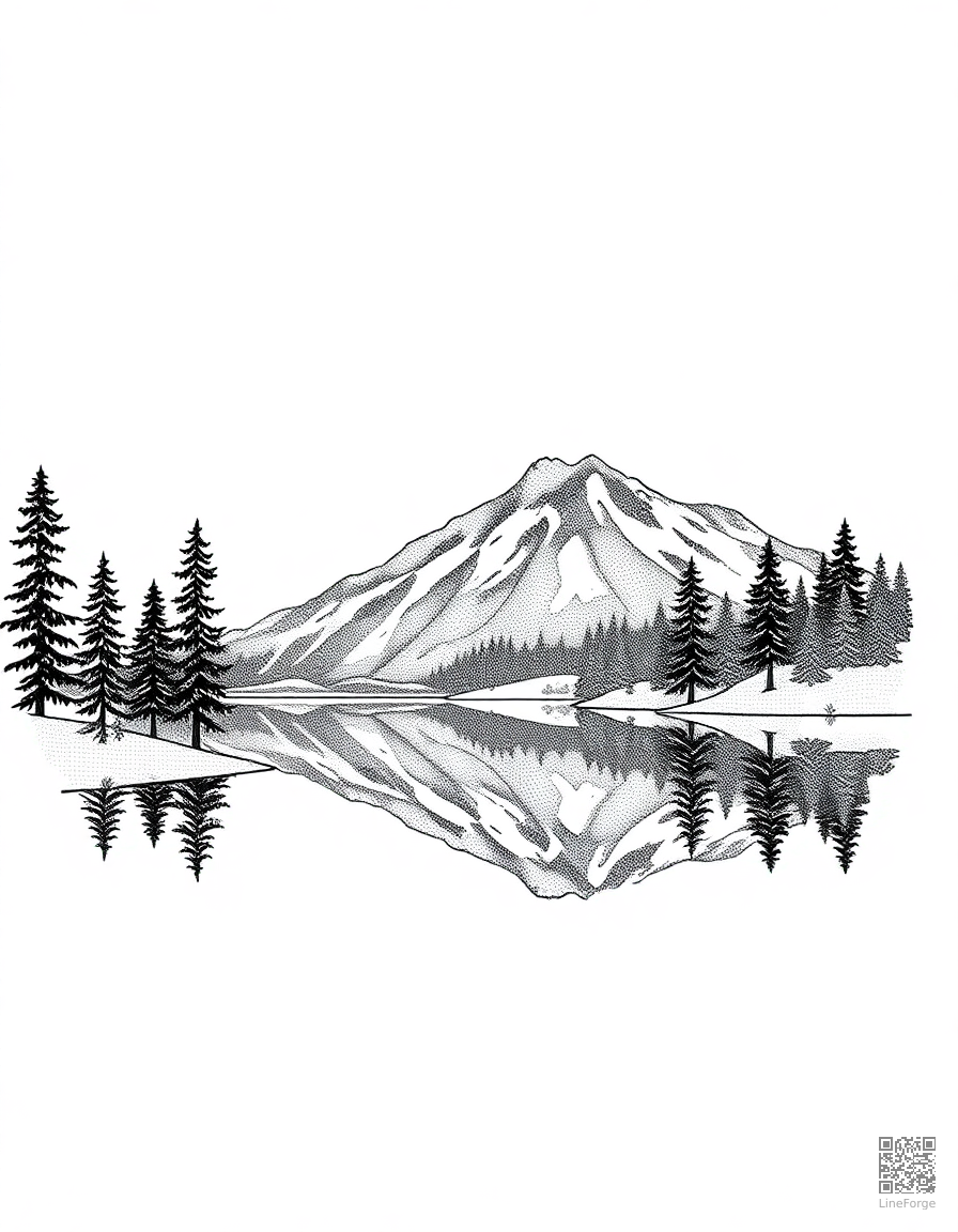 Free mountain lake with pine trees and reflection coloring page in stipple style — printable line art