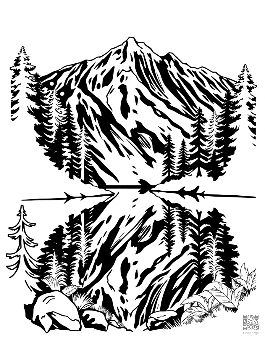 Free mountain lake with pine trees and reflection coloring page in woodcut style — printable line art
