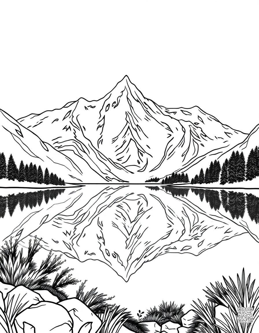 mountain range reflected in an alpine lake coloring page Contour style - free printable