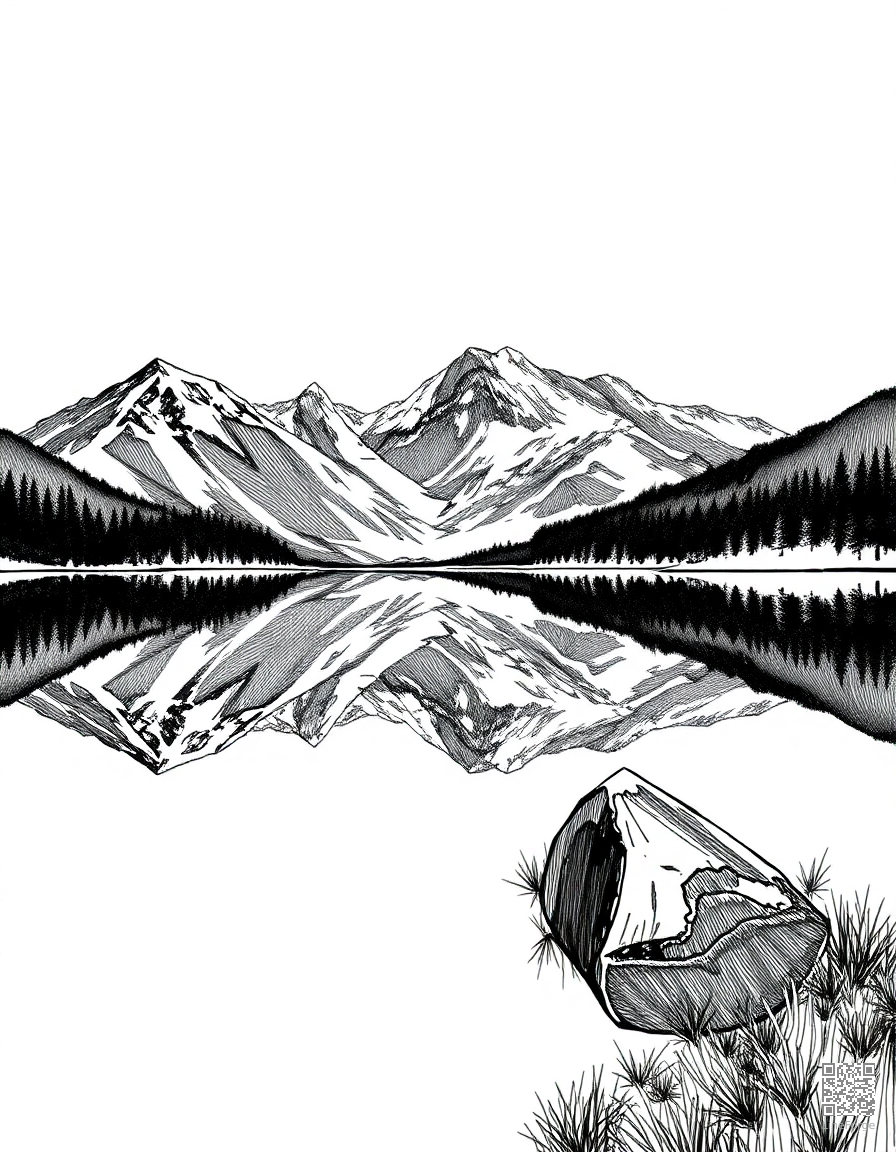 mountain range reflected in an alpine lake coloring page Crosshatch style - free printable