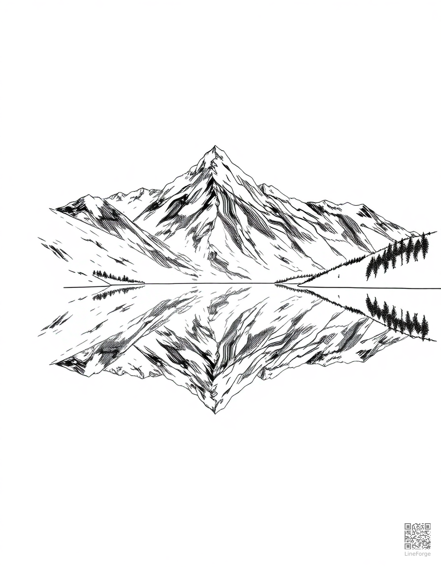 mountain range reflected in an alpine lake coloring page Manga style - free printable