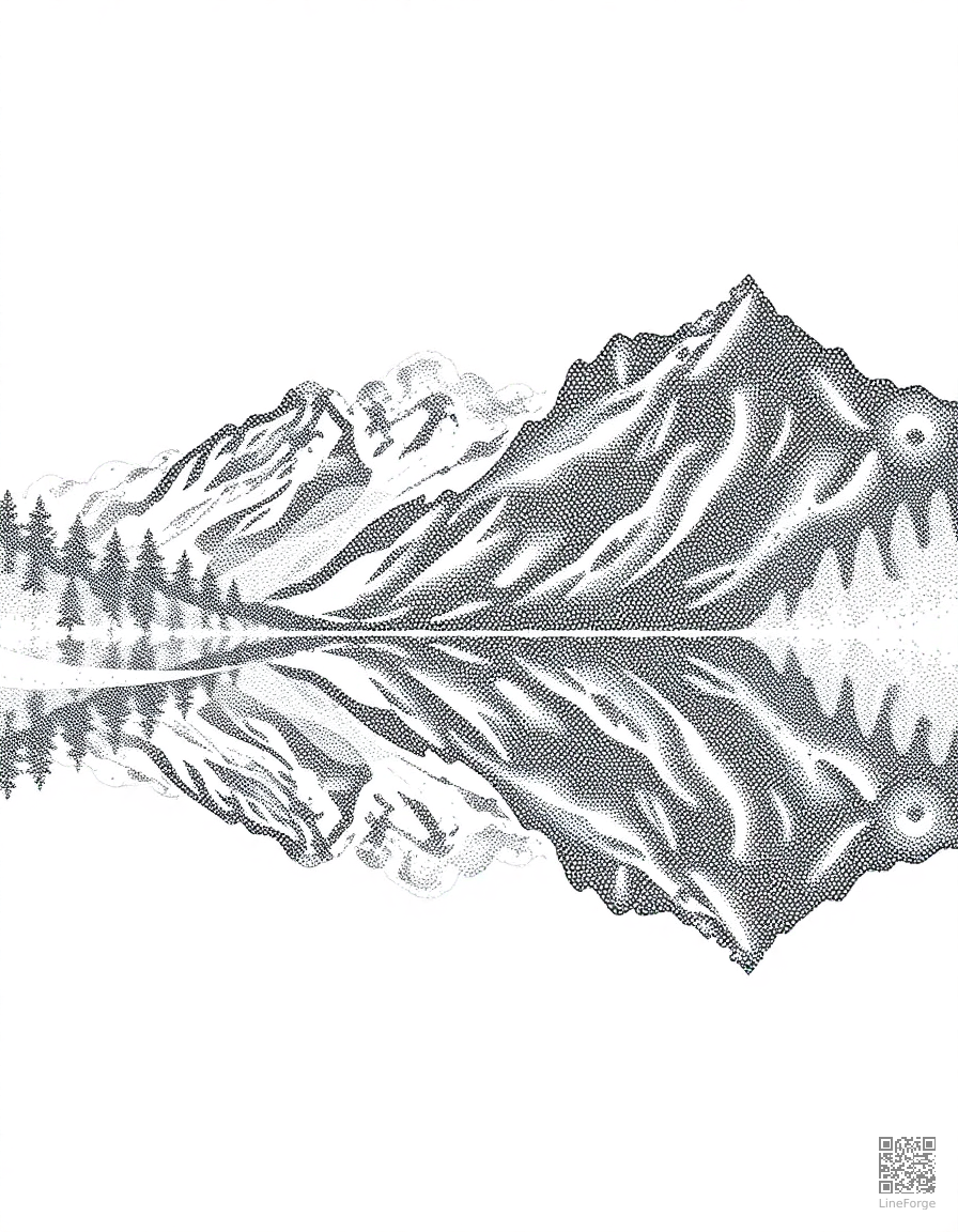 mountain range reflected in an alpine lake coloring page Stipple style - free printable