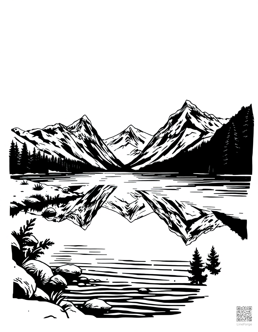 mountain range reflected in an alpine lake coloring page Woodcut style - free printable