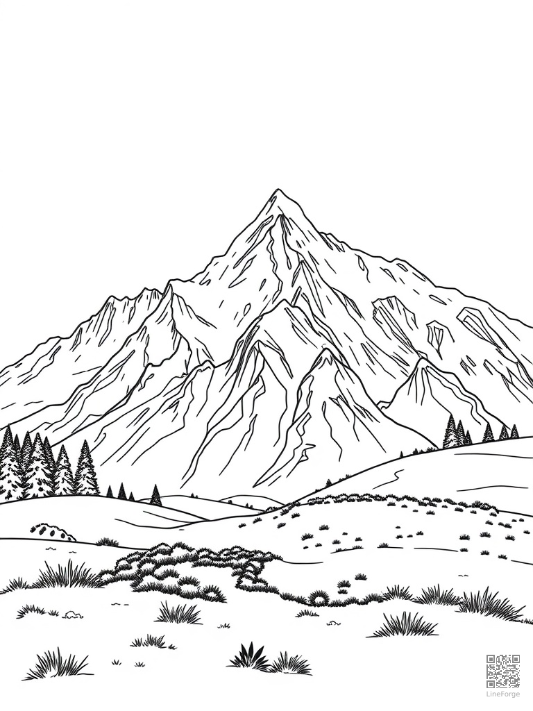 Mountain range with snow-capped peaks and alpine meadow coloring page Contour style - free printable