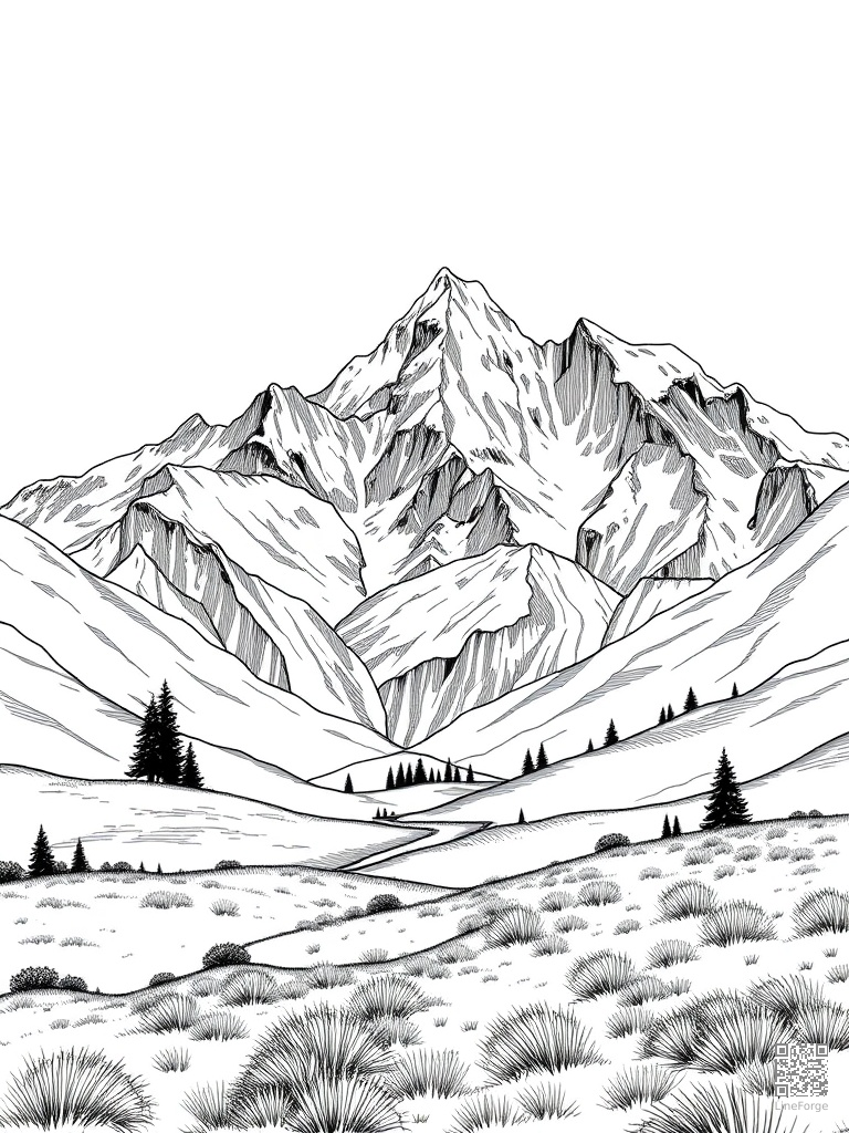 Mountain range with snow-capped peaks and alpine meadow coloring page Crosshatch style - free printable