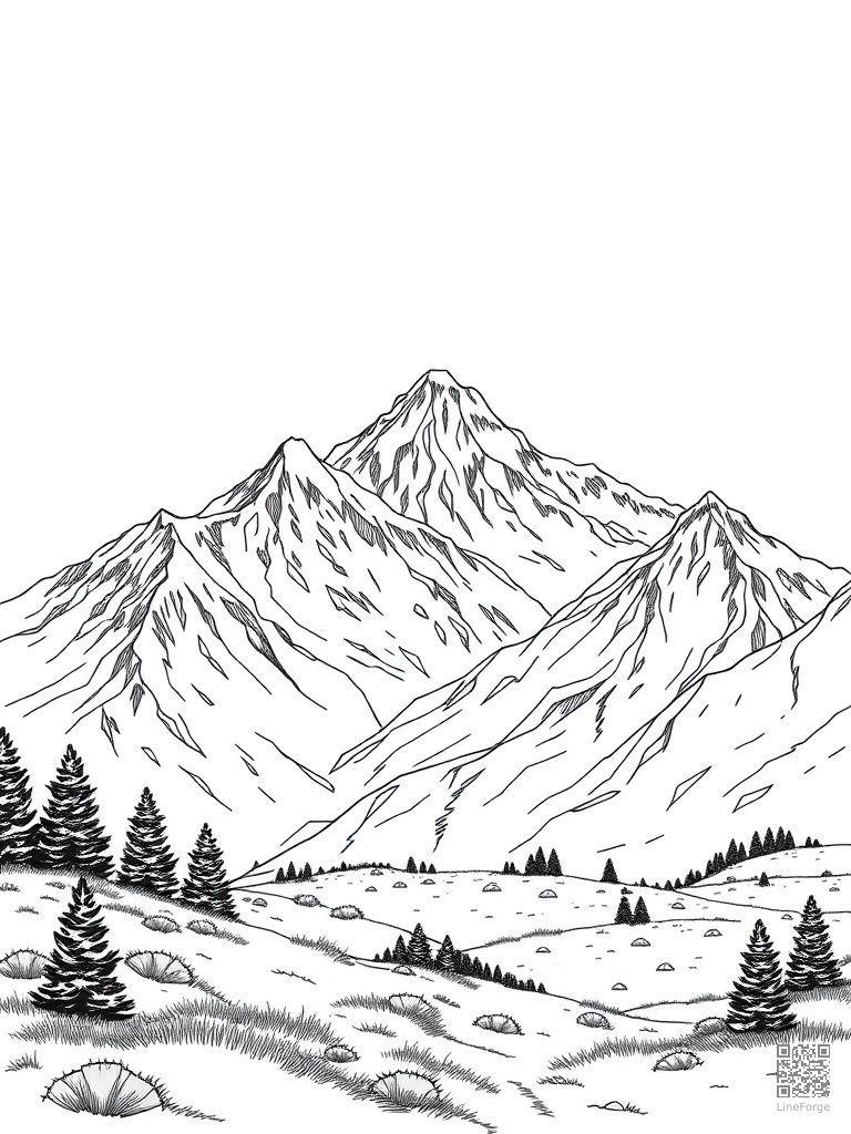 Mountain range with snow-capped peaks and alpine meadow coloring page Manga style - free printable