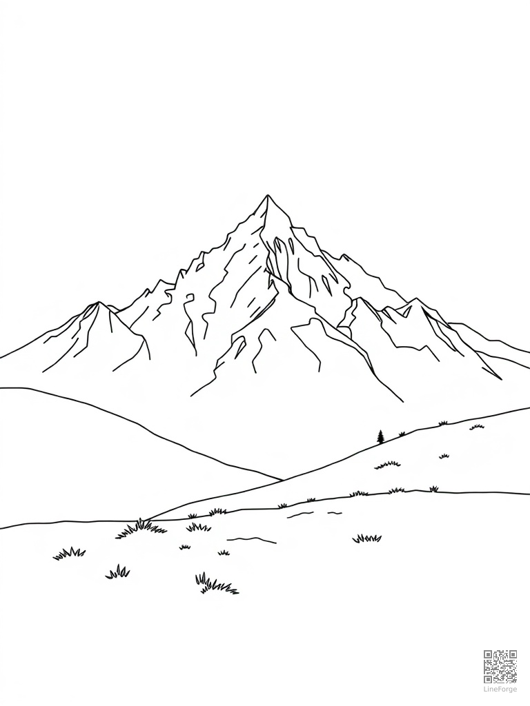 Mountain range with snow-capped peaks and alpine meadow coloring page Minimal style - free printable
