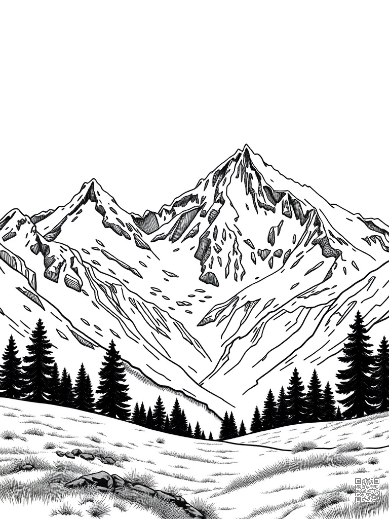 Mountain range with snow-capped peaks and alpine meadow coloring page Woodcut style - free printable