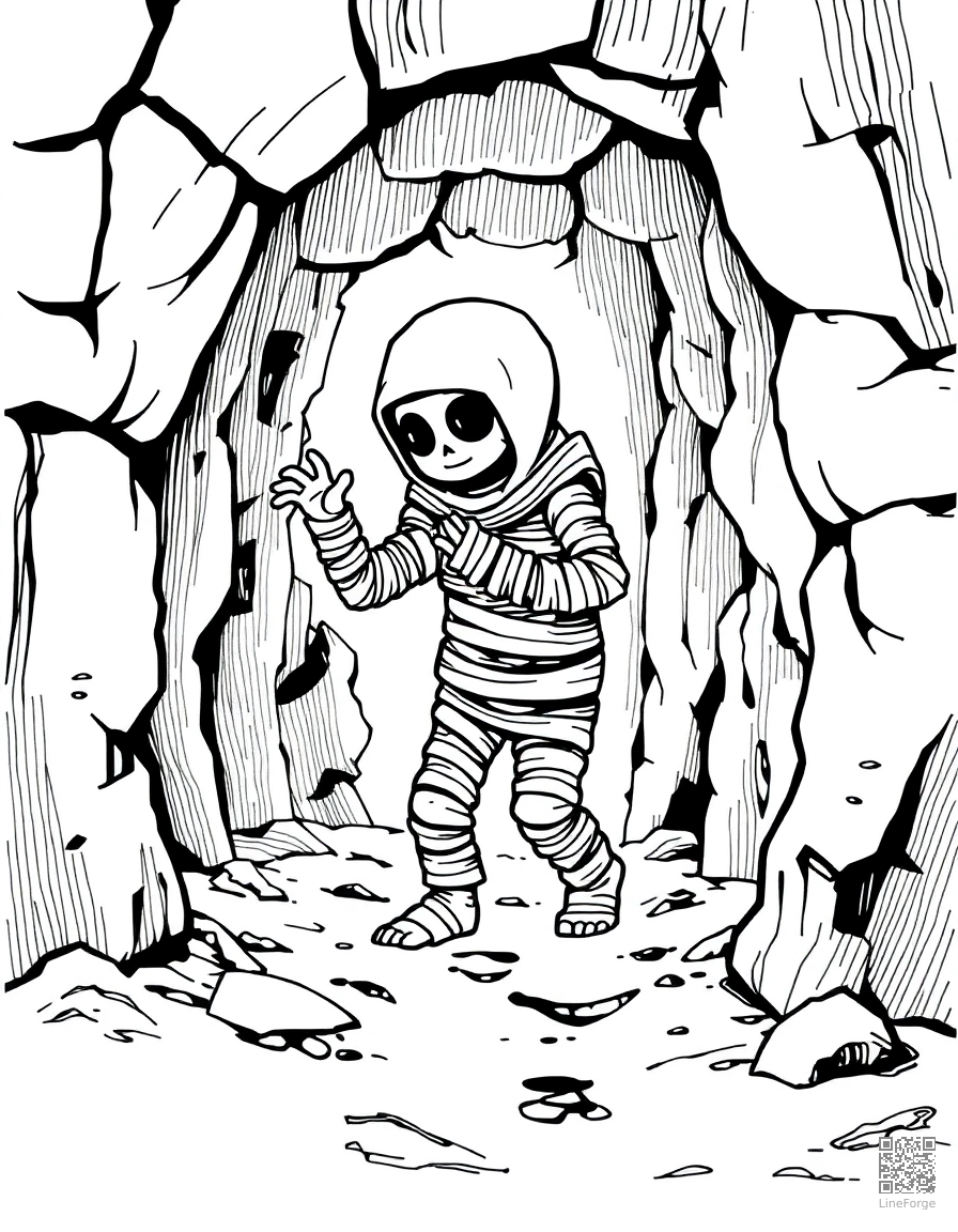 mummy emerging from a tomb coloring page Crosshatch style - free printable