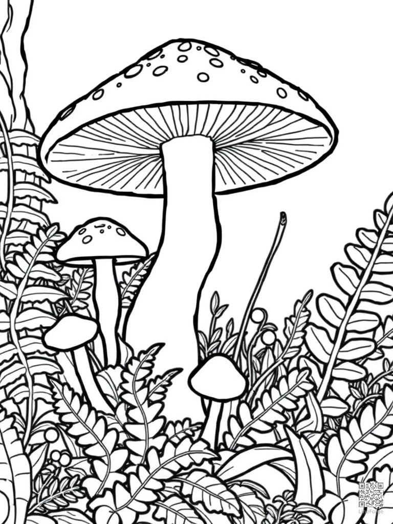 Mushroom and fern forest floor close-up coloring page Contour style - free printable