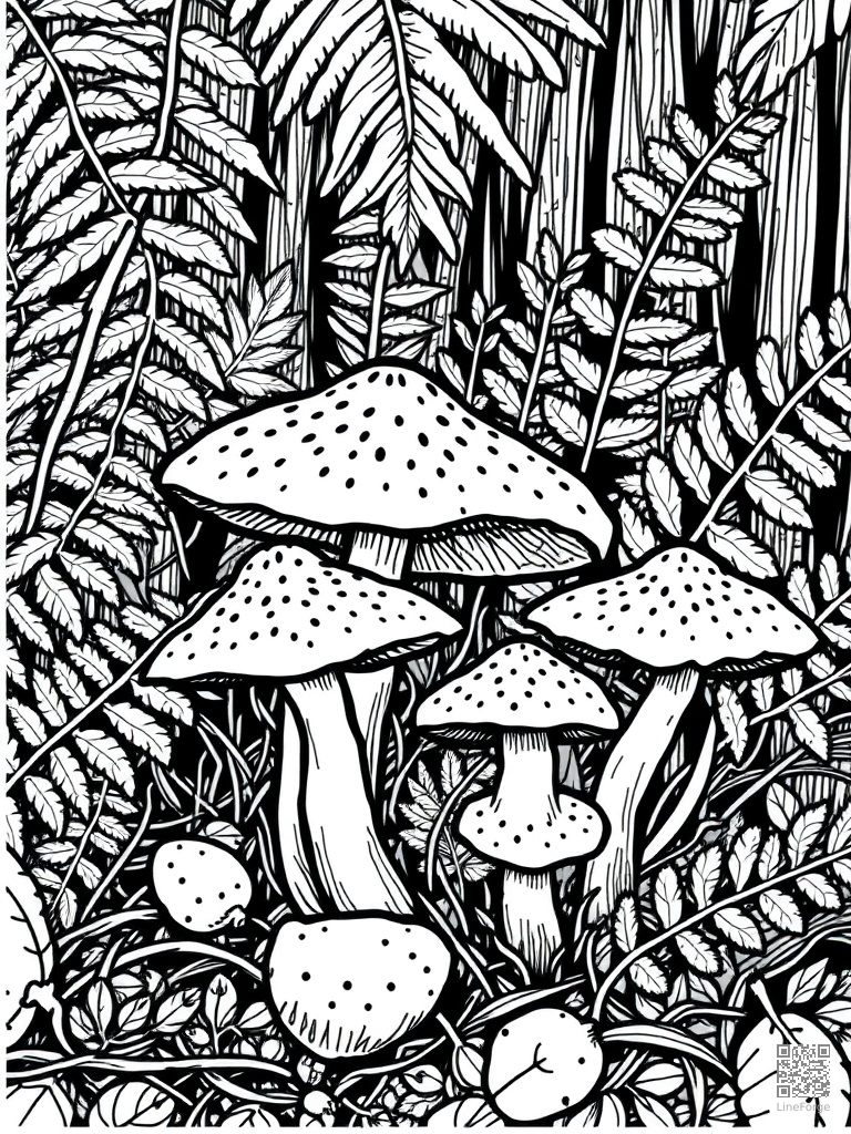 Mushroom and fern forest floor close-up coloring page Crosshatch style - free printable