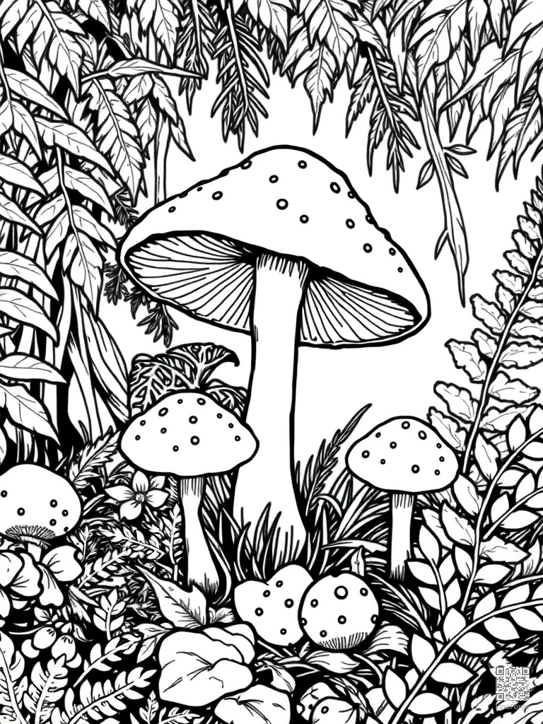 Mushroom and fern forest floor close-up coloring page Manga style - free printable