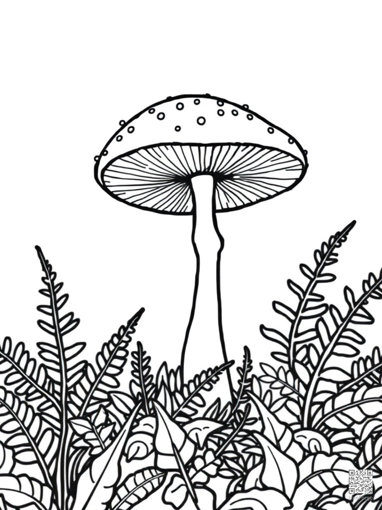 Mushroom and fern forest floor close-up coloring page Minimal style - free printable