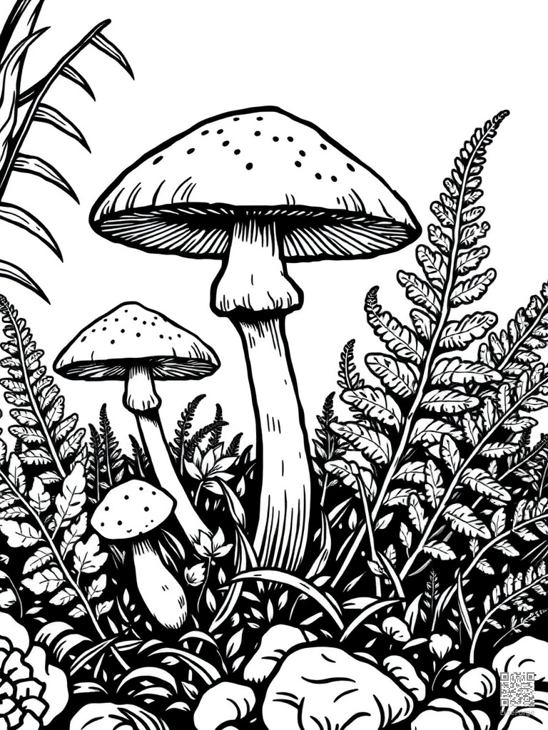 Mushroom and fern forest floor close-up coloring page Woodcut style - free printable