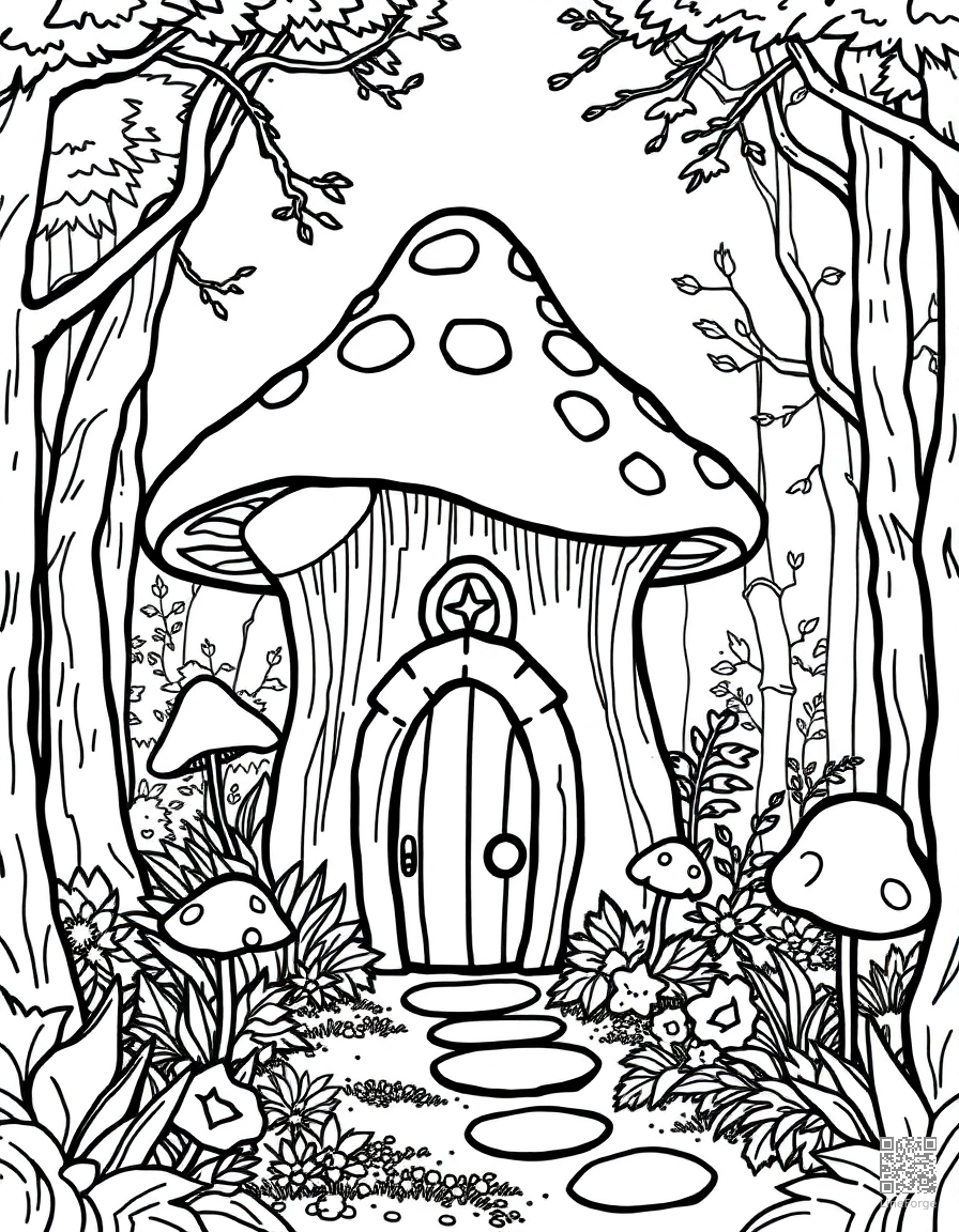 mushroom cottage in an enchanted forest coloring page Contour style - free printable