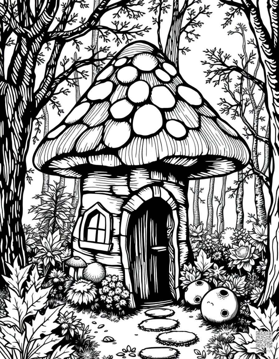 mushroom cottage in an enchanted forest coloring page Crosshatch style - free printable