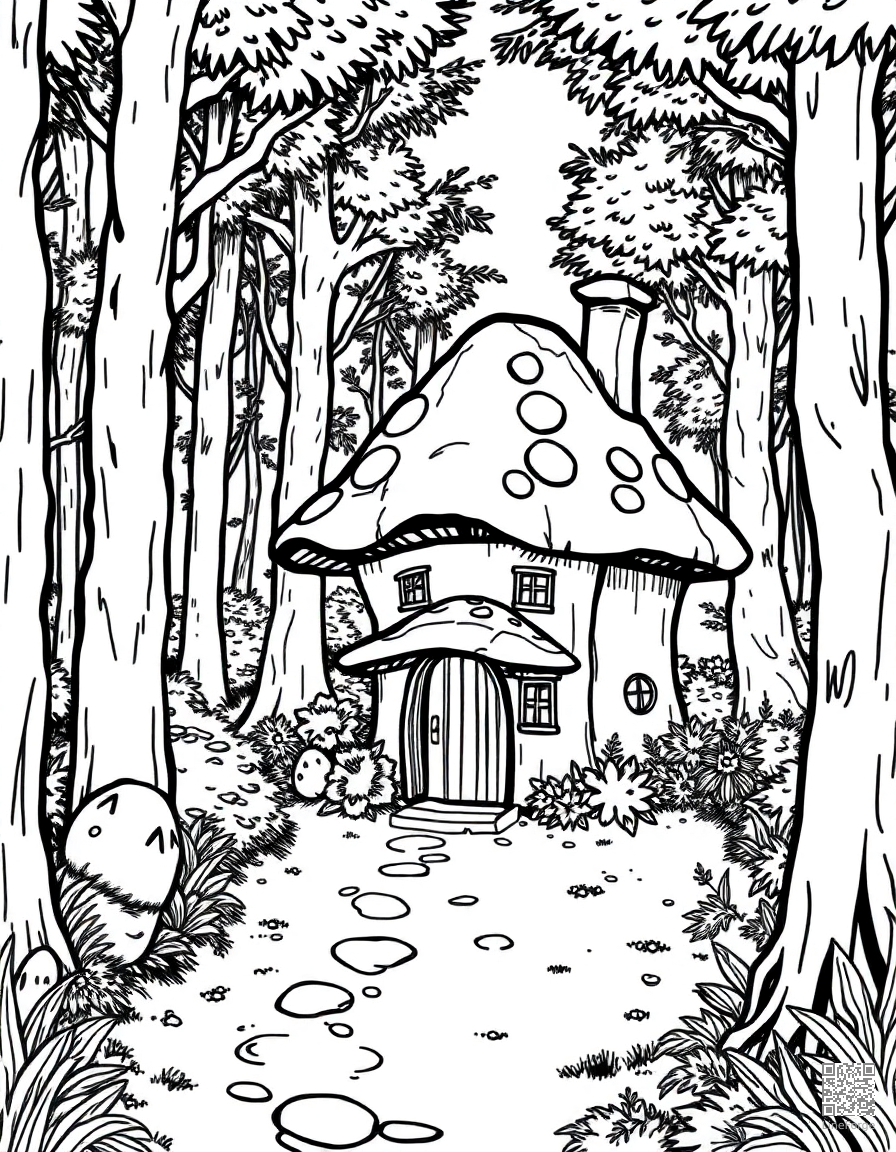 mushroom cottage in an enchanted forest coloring page Manga style - free printable