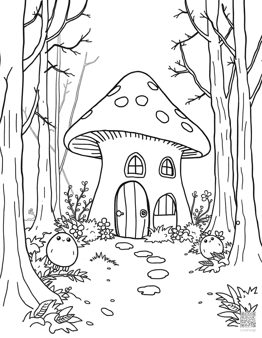 mushroom cottage in an enchanted forest coloring page Minimal style - free printable
