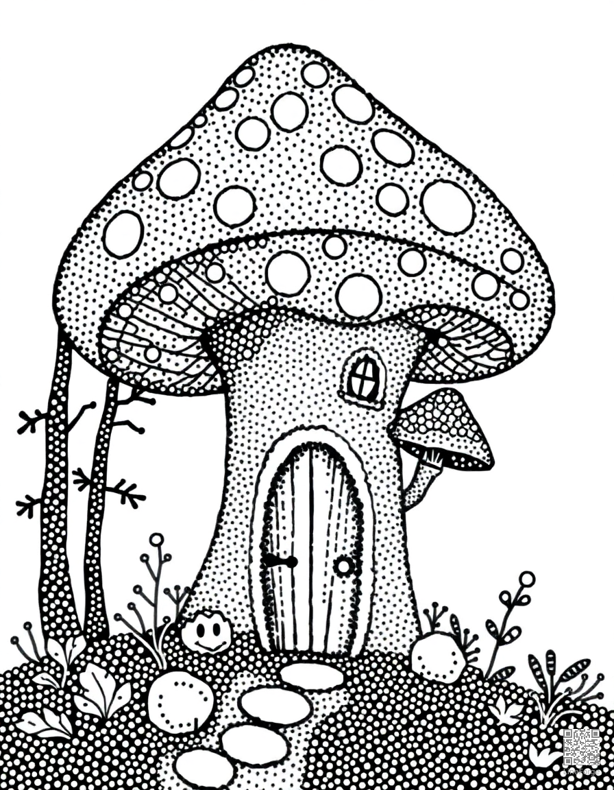 mushroom cottage in an enchanted forest coloring page Stipple style - free printable