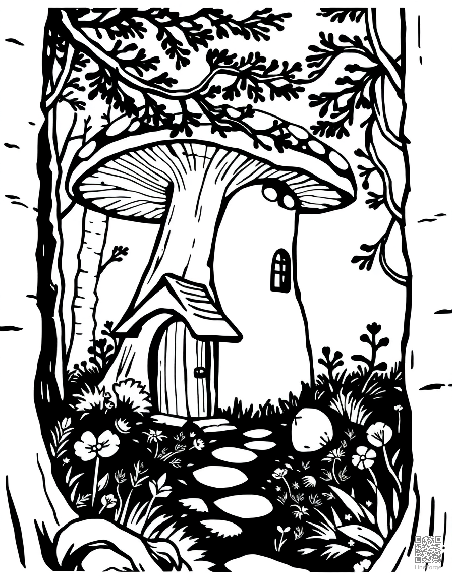 mushroom cottage in an enchanted forest coloring page Woodcut style - free printable