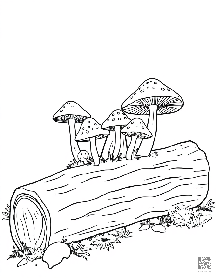 Free mushrooms growing on a fallen log coloring page in contour style — printable line art