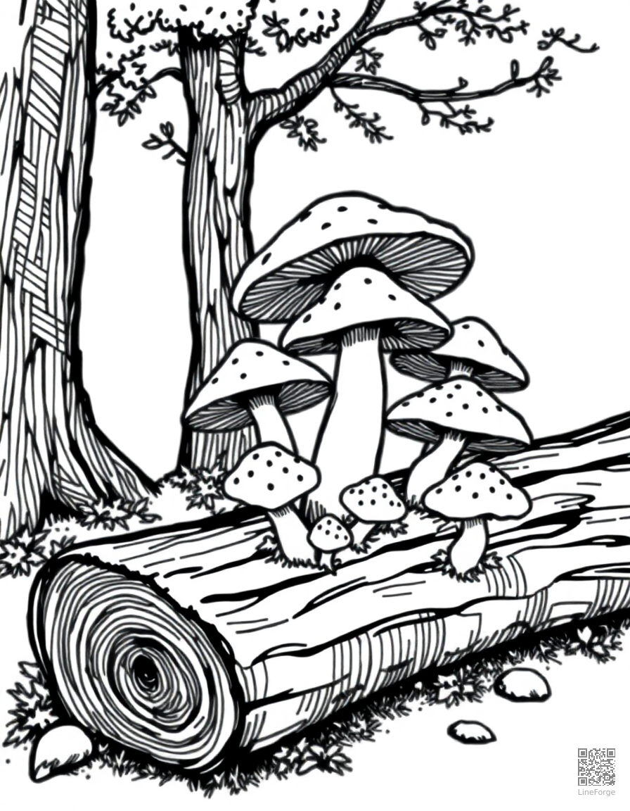 mushrooms growing on a fallen log coloring page Crosshatch style free printable