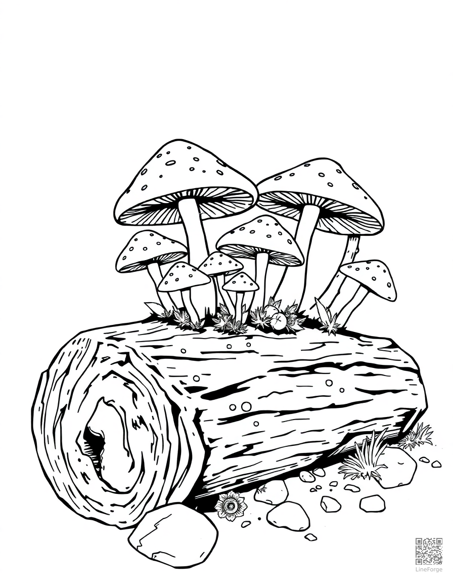 Free mushrooms growing on a fallen log coloring page in manga style — printable line art