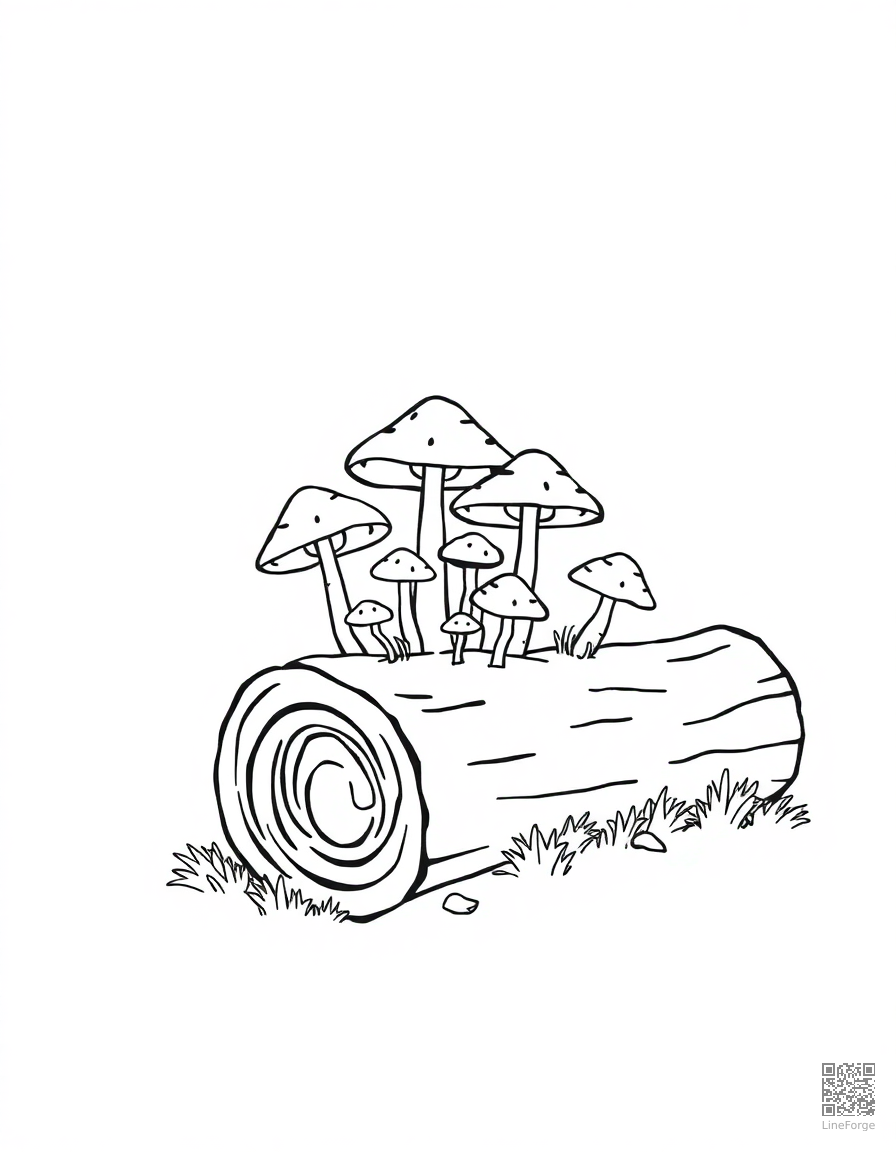 Free mushrooms growing on a fallen log coloring page in minimal style — printable line art