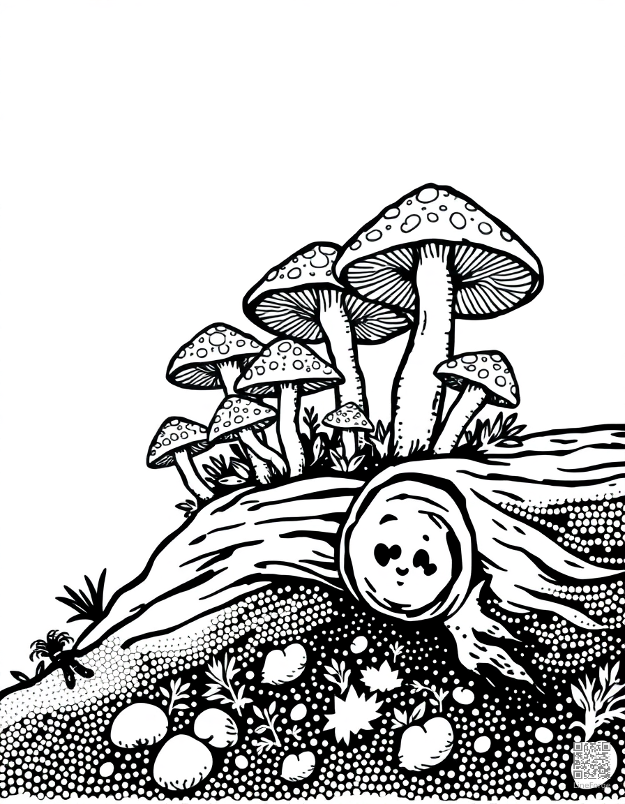 mushrooms growing on a fallen log coloring page Stipple style free printable