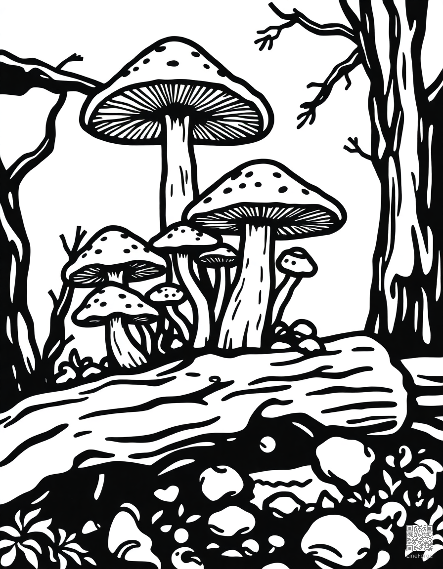 Free mushrooms growing on a fallen log coloring page in woodcut style — printable line art