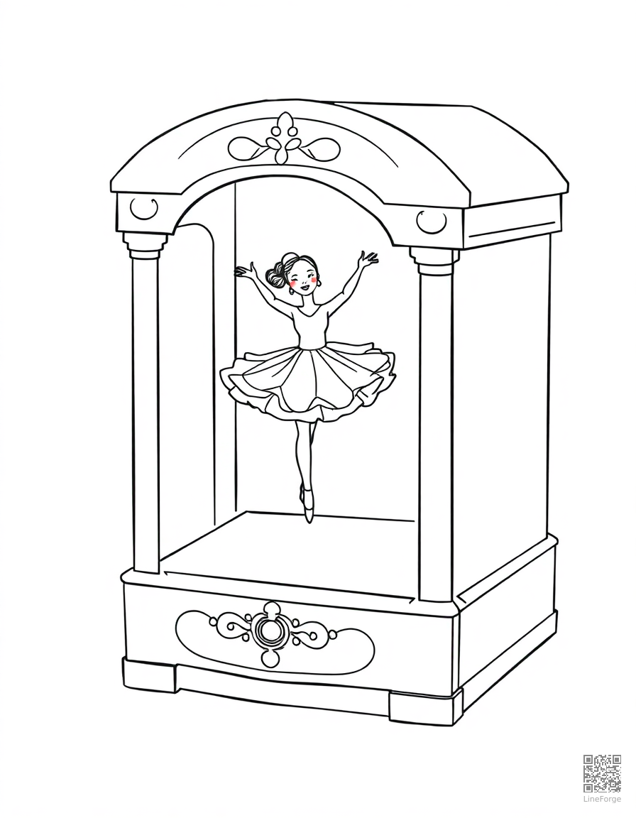 Free music box with dancing ballerina coloring page in contour style — printable line art