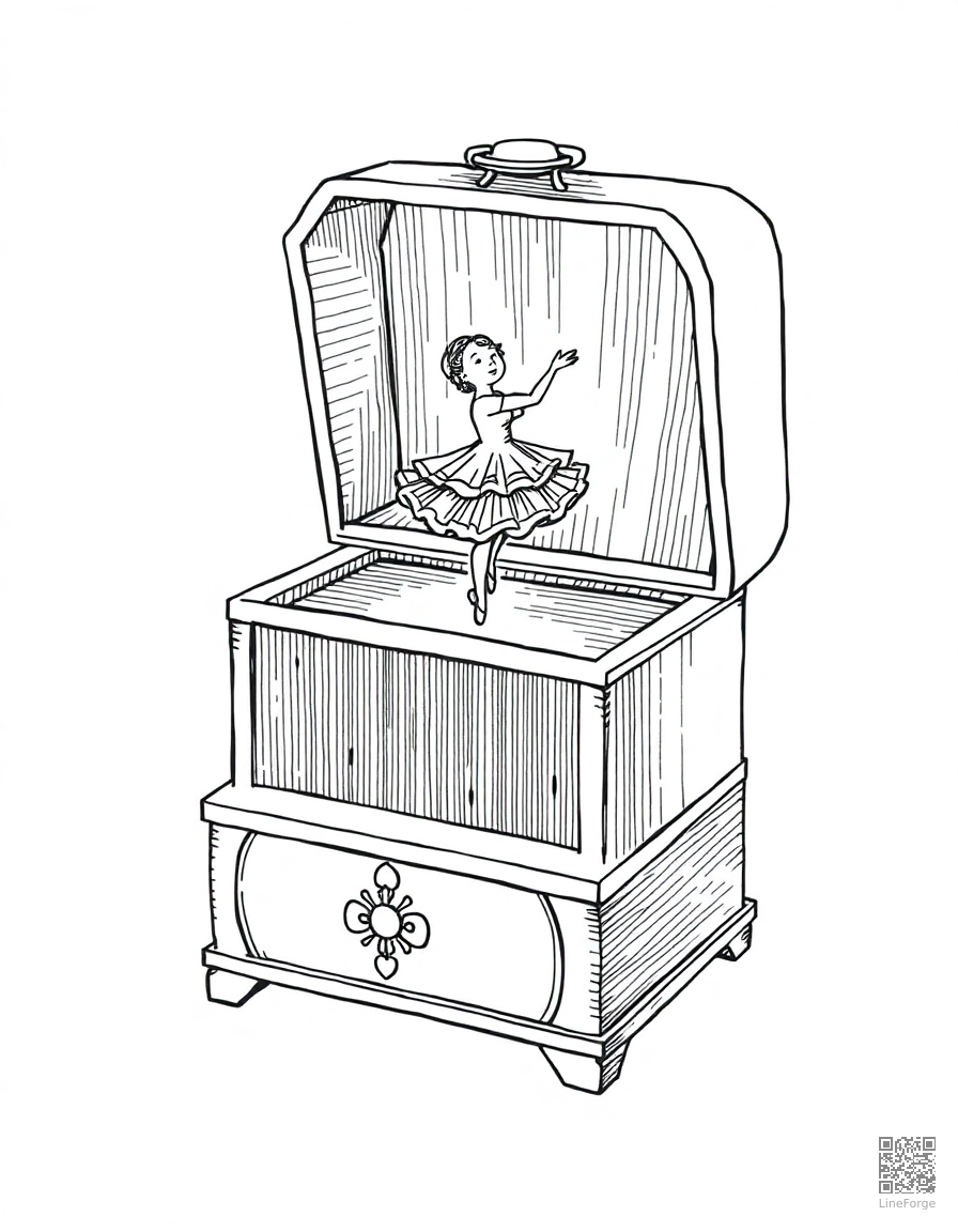 music box with dancing ballerina coloring page Crosshatch style - free printable