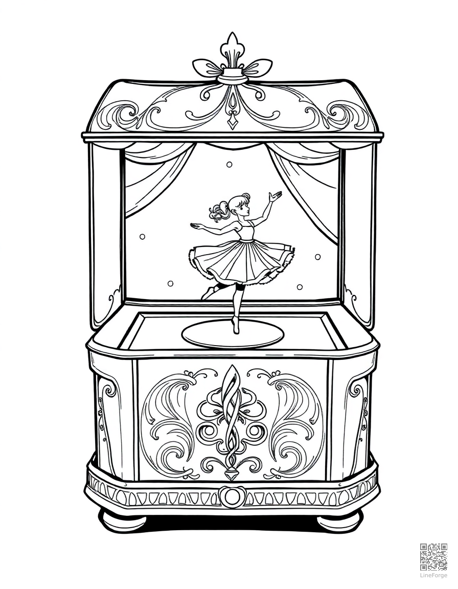 Free music box with dancing ballerina coloring page in manga style — printable line art