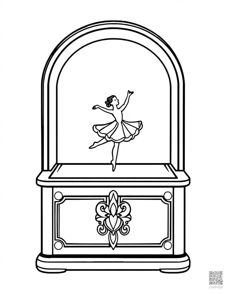 Free music box with dancing ballerina coloring page in minimal style — printable line art