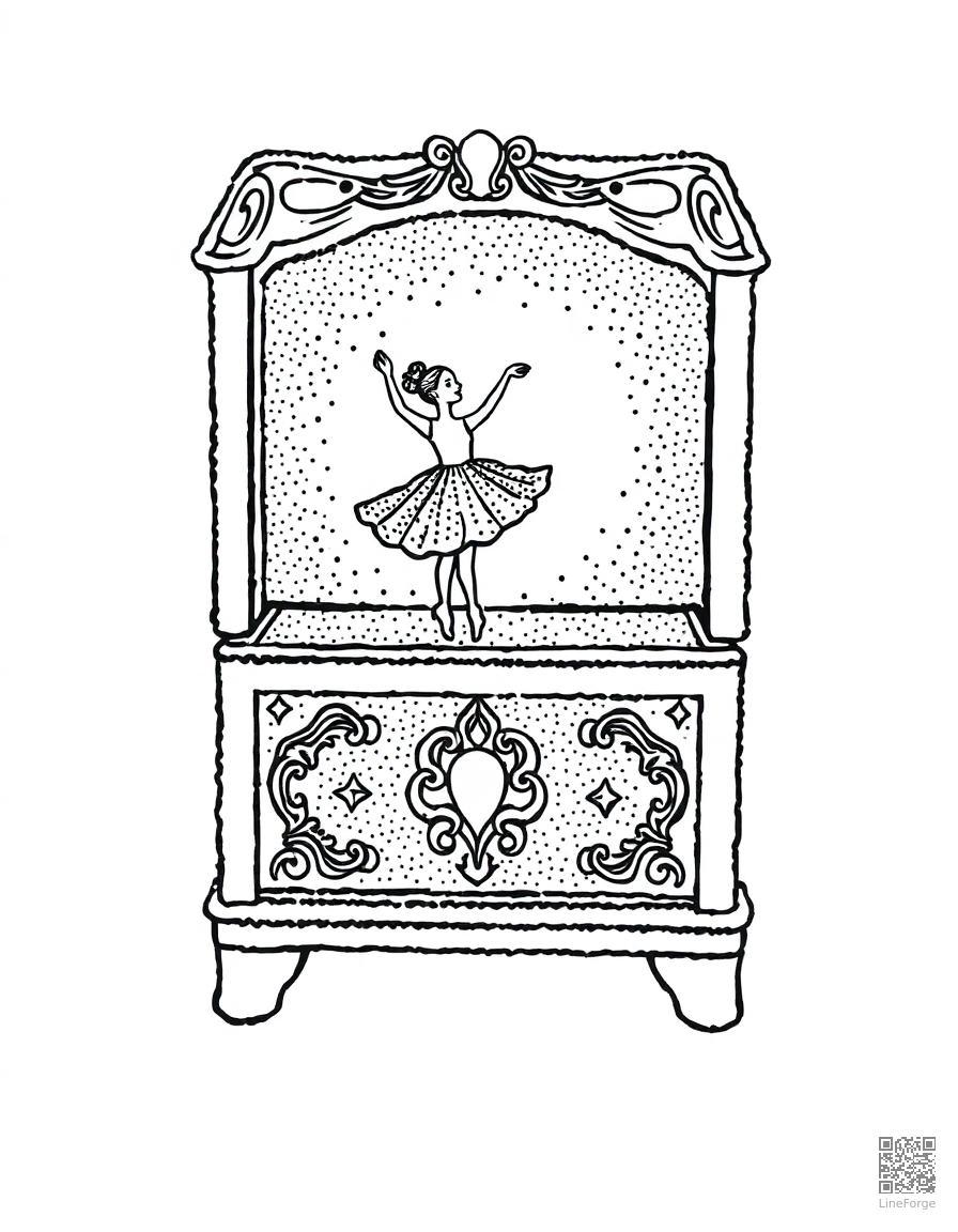 Free music box with dancing ballerina coloring page in stipple style — printable line art