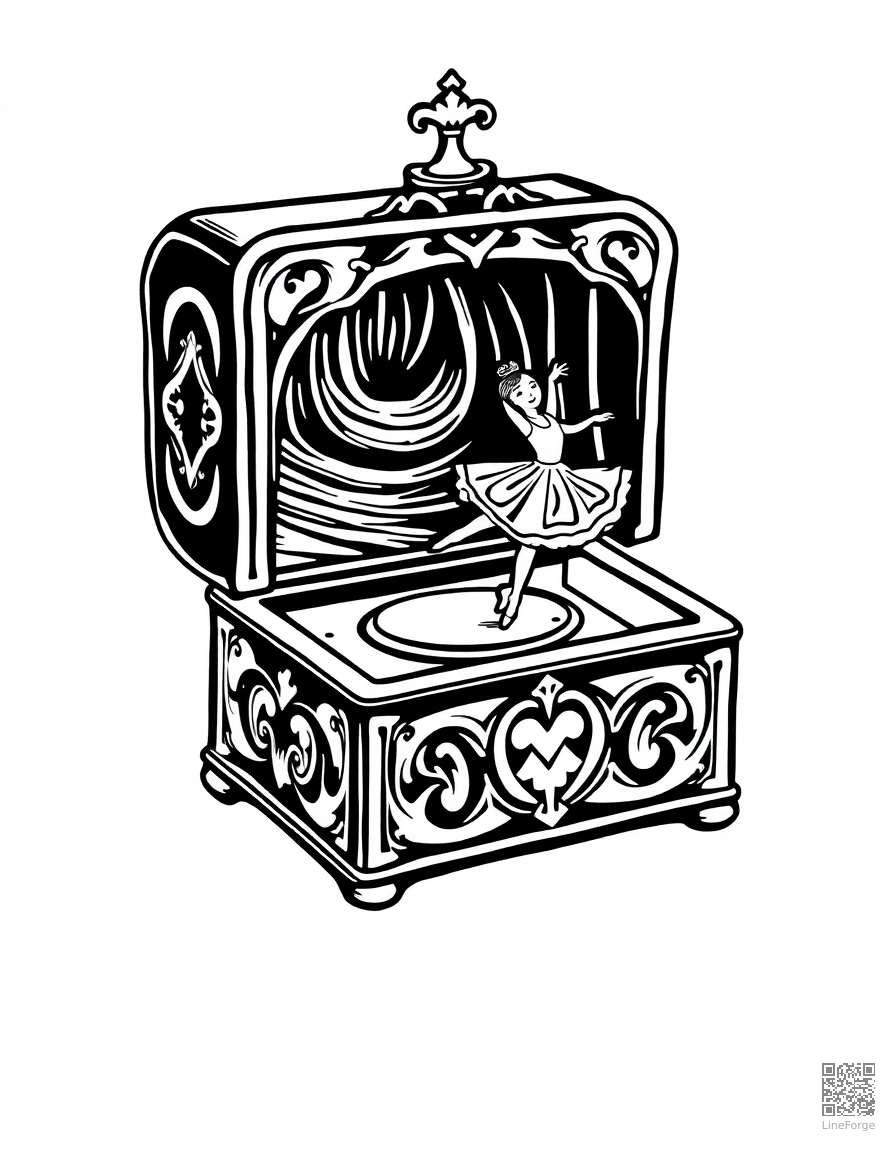 Free music box with dancing ballerina coloring page in woodcut style — printable line art