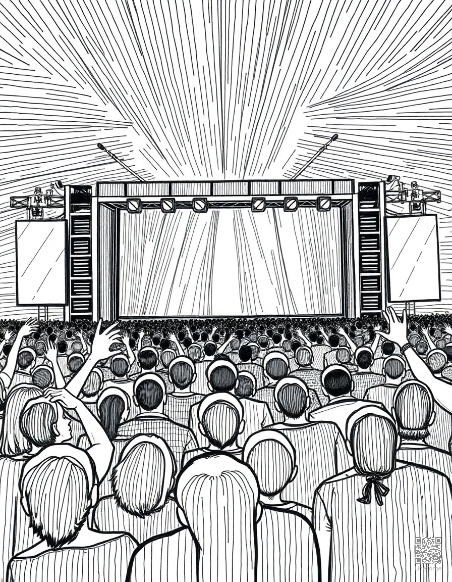 music festival crowd with stage lights coloring page Crosshatch style - free printable