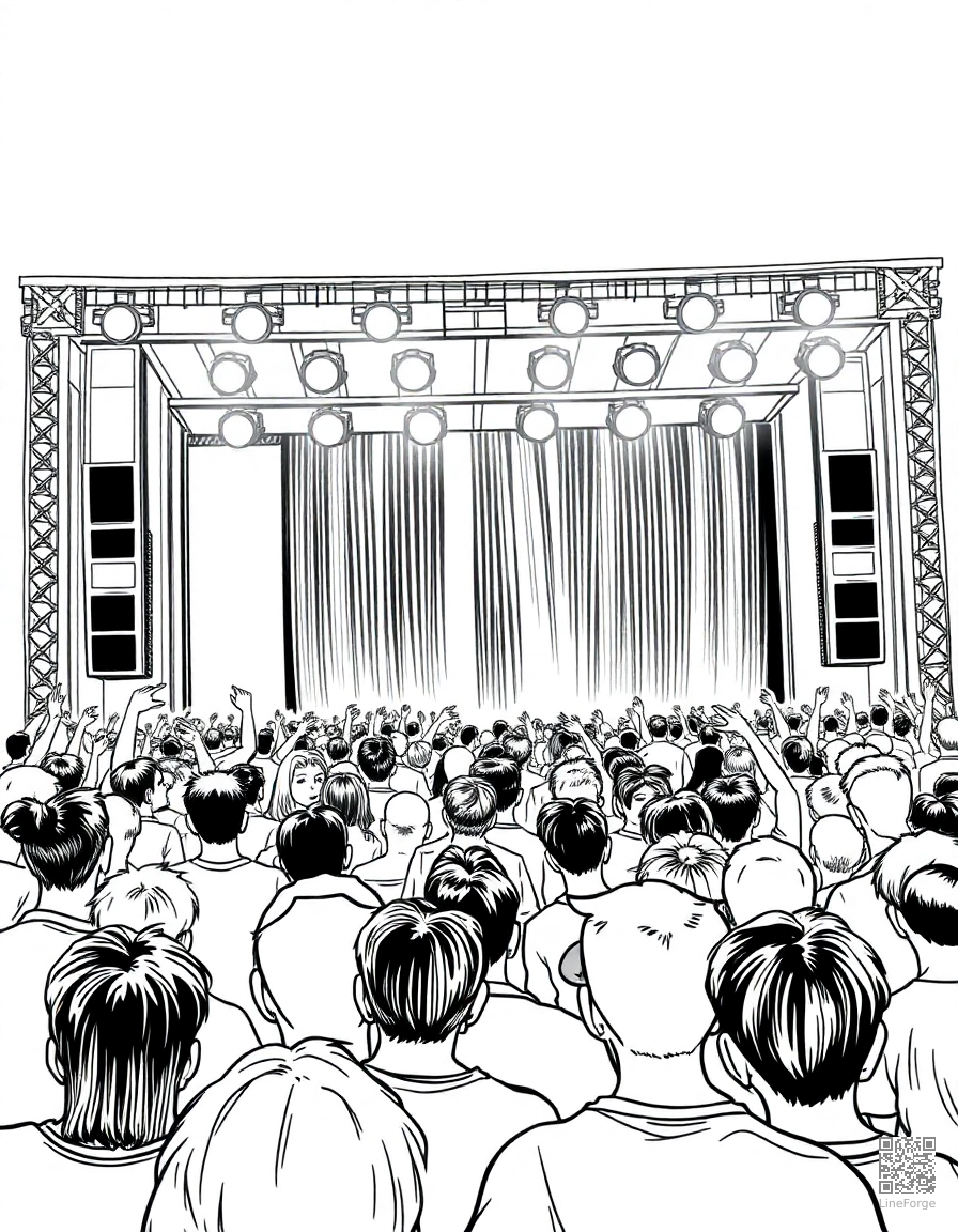 music festival crowd with stage lights coloring page Manga style - free printable
