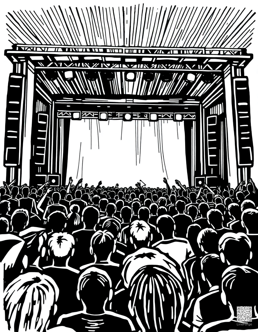 music festival crowd with stage lights coloring page Woodcut style - free printable