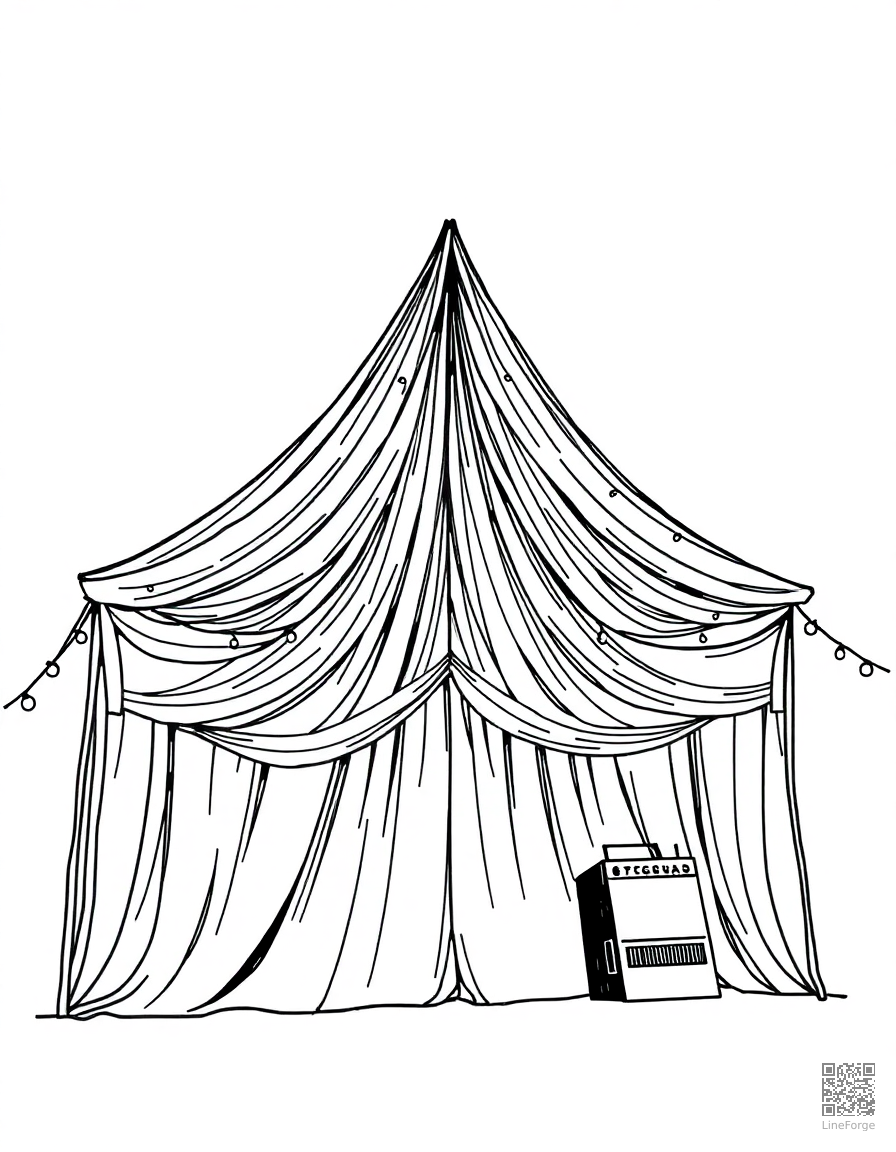 music festival tent with fairy lights coloring page Crosshatch style - free printable