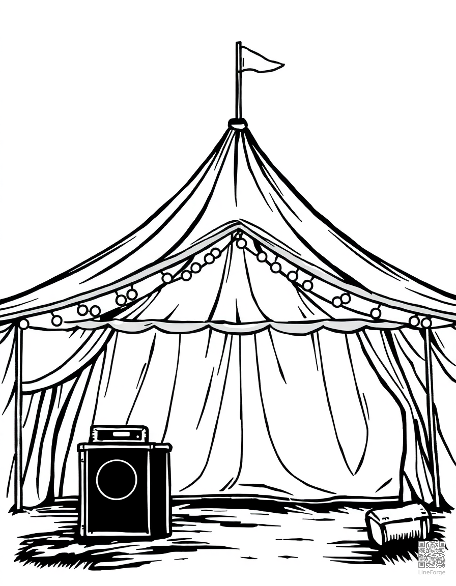 music festival tent with fairy lights coloring page Woodcut style - free printable