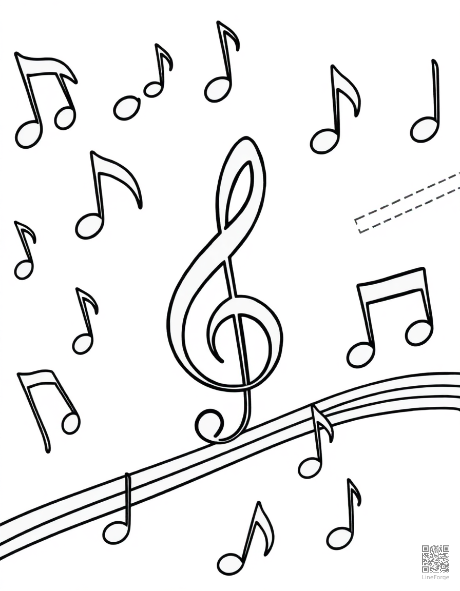 music notes and treble clef pattern coloring page Contour style - free printable