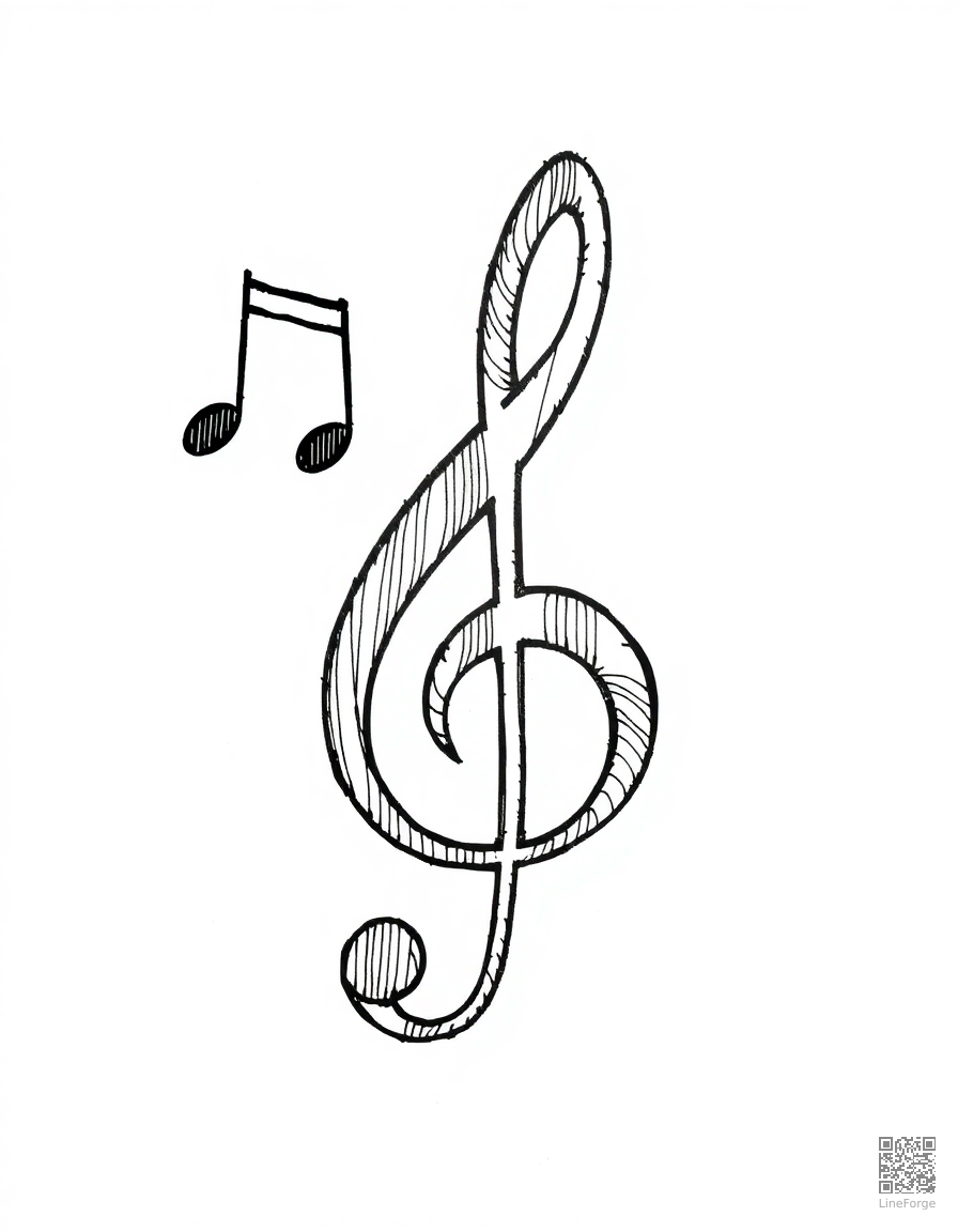 music notes and treble clef pattern coloring page Crosshatch style - free printable